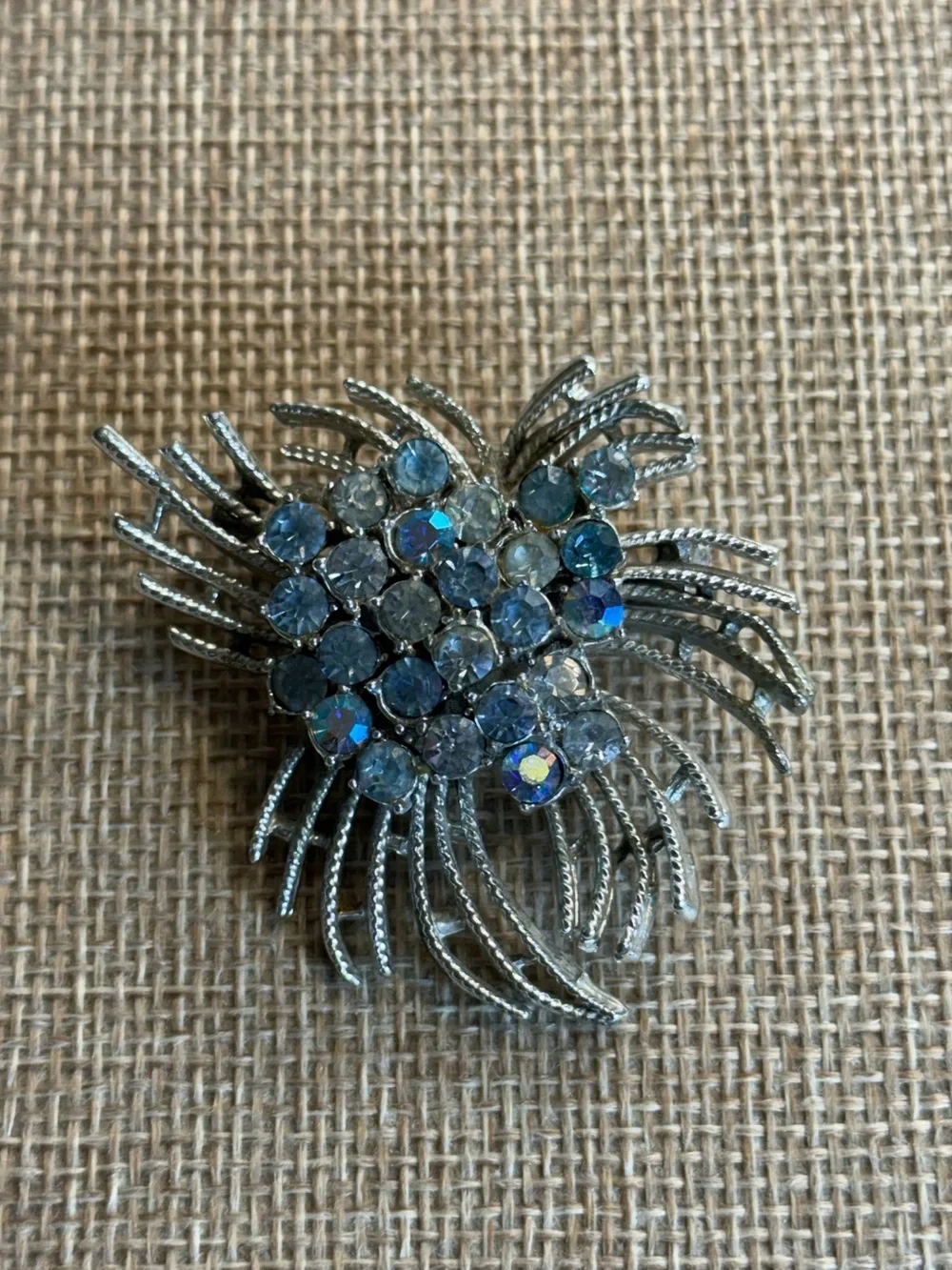 Vintage Coro Silver Tone Blue Aurora Borealis Rhinestone Burst Brooch Pin MCM